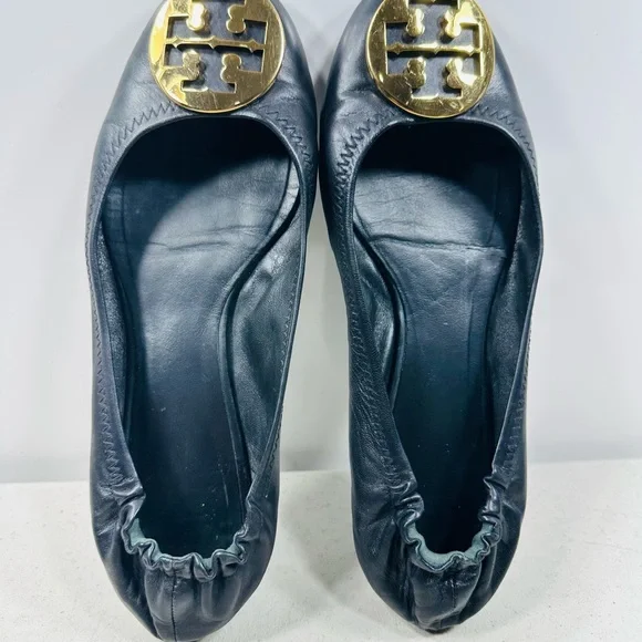 TORY BURCH BLACK LEATHER GOLD REVA BALLET FLATS SZ 9 - Picture 6 of 6